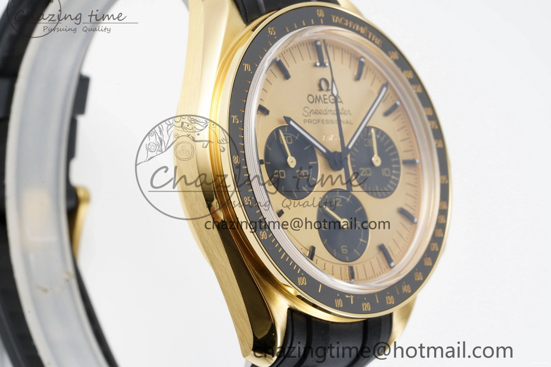 0421 TimelessDesign Speedmaster Moonwatch in Moonshine Gold YG RMF Best Edition YG Dial on Black Rubber Strap Manual Chrono 7834